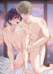 2boys anal anal_sex anal_sex bed bedroom blush blush color colored doggy_style gay love_and_deep_space male_penetrating_male naked purple_hair rafayel_(love_and_deep_space) sex sweat sweating visible_nipples waist waist_grab watermark xavier_(love_and_deep_space) yaoi