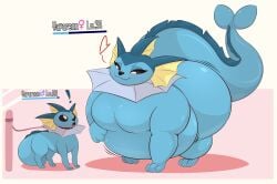 2022 2d_(artwork) belly belly_expansion big_ass big_belly big_butt big_thighs black_sclera blue_body body_size_growth cracker_(artist) eeveelution exclamation_mark eyelashes fat fat_female female feral game_freak growing growth growth_sequence heart_symbol highres leashed leashed_male level_difference level_number level_up male meter obese obese_female overweight overweight_female pokemon pokemon_(species) size_difference smaller_male smiling surprised surprised_male tail thick_thighs vaporeon walking weight_difference weight_gain
