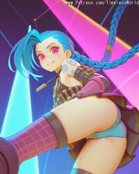 (league 2025 ai_assisted ai_generated arcane ass at bare below biting blonde_hair blue braid braids bullet colored english eyes female fingerless from gloves grin hair high_quality high_res high_resolution highres jewelry jinx jinx_(arcane) jinx_(league_of_legends) league_of_legends legends) lip long looking necklace of panties patreon pink purple questionable shoulders skin skirt smile solo stable_diffusion tattoo teeth text thighhighs timelessworld twin twintails underwear username very viewer watermark