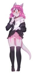 2018 anthro blush clothing_lift cuntboy flashing flat_chested fur furry girly grey_fur intersex niniidawns otterfox pink_hair pyravia school_uniform sissy skirt skirt_lift trap undressing uniform upskirt