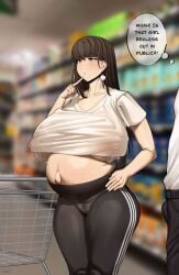 1girls dialogue female female_only gigantic_breasts huge_breasts lactation lactation_through_clothes lactation_without_expressing pregnant public_nudity ready_to_pop slush text voluptuous