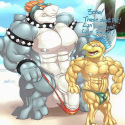 anthro balls barely_contained beach big_balls big_penis bowser clothing collar danandnite dialogue duo english_text erection fish humanoid_penis kneeling koopa male male_only marine mario_(series) mostly_nude muscular muscular_male nintendo nipples open_mouth penis scalie seaside shark speedo spiked_collar spikes standing swimsuit text video_games