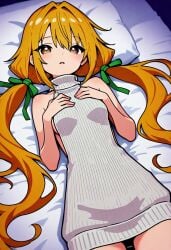 100_kanojo above_view ai_generated bangs bangs_between_eyes brown_eyes civitai civitai_lora cookiasncream female green_ribbon green_ribbons inda_karane karane kimi_no_koto_ga_dai_dai_dai_dai_daisuki_na_100-nin_no_kanojo laying_down laying_on_back laying_on_bed legs light-skin light-skinned light-skinned_female light_skin long_hair lying lying_on_back lying_on_bed orange_hair pigtails ribbon ribbon_in_hair ribbons small_breasts sweater sweater_dress the_100_girlfriends_who_really_really_really_really_really_love_you twintails twintails_(hairstyle) twitter twitter_link very_long_hair virgin_killer_sweater
