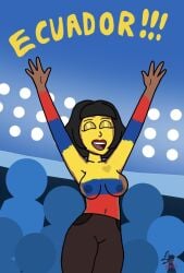 1girls 2026 4_fingers bangs belly_button big_breasts black_hair blind_peacock_draws blind_peacock_draws_(artist) blue_paint body_paint bodypaint breasts bullet_wound cheering ecuador ecuadorian ecuadorian_flag eyes_closed face_paint female hands_above_head hands_up hazbin_hotel hazbin_hotel_oc heart_scar hellaverse helluva_boss helluva_boss_oc human_form latina latina_female lights mouth_open nipples original original_art original_artwork original_character oro_(blindpeacockdraws) pants pants_only public public_nudity red_paint scar shirtless shirtless_female silhouette silhouette_background silhouettes soccer spanish_text stadium stadium_background stadium_lighting stadium_lights text world_cup yelling yellow_paint