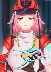background breasts cap eyes eyes_open green_eyes hair honkai:_star_rail honkai_(series) jacket oppai pink_hair rappa_(honkai:_star_rail) shirt short_jacket short_shirt skin white_skin