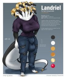 absurd_res anthro balls_outline bottomwear bulge clothing denim denim_bottomwear denim_clothing detailed_bulge digitigrade dragon english_text genital_outline gynomorph hair herm herm_(lore) hi_res intersex jeans litehase long_hair model_sheet multi_head mythological_creature mythological_scalie mythology nipple_outline pants red_eyes scalie shirt simple_background solo text topwear torn_bottomwear torn_clothing torn_jeans torn_pants