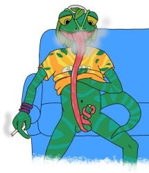 3_fingers anthro autofellatio baseball_cap bodily_fluids bottomless bottomless_male broto_faggins chameleon clothed clothing clothing_lift digital_media_(artwork) drooling drugs epic_games fellatio fingers flipaclip_(artwork) foreskin foreskin_play fortnite furniture genitals green_body green_skin hat headgear headwear joint_in_hand leaf leaf_hair lizard long_tongue male male_only marijuana markings masturbation navel no_shading oral oral_masturbation orange_clothing orange_shirt orange_topwear penile penile_masturbation penis plant plant_hair pseudo_hair purple_wristband reptile saliva saliva_on_penis saliva_on_tongue scale_markings scales scalie sex shirt shirt_lift simple_background smoke smoke_from_mouth smoking smoking_marijuana sofa solo tail text text_on_clothing text_on_shirt text_on_topwear tongue tongue_around_balls tongue_around_penis tongue_in_foreskin tongue_out tongue_out_fellatio topwear uncircumcised white_background yellow_clothing yellow_eyes yellow_shirt yellow_topwear ziggy_(fortnite)