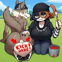 1boy 1boy1girl ai_generated anthro ballbusting beanie big_ass big_ass_(male) big_balls big_breasts body_fur body_writing brown_body brown_fur calico_cat catgirl cbt clothed_female_nude_male feline female femdom fortnite furry furry_only huge_balls implied_ballbusting meow_skulls_(fortnite) meowskulls nervous nude paws self_upload smug sweating twink wendell_(fortnite) wolf yasuhikonsfw