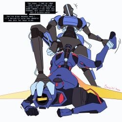 1:1 1_eye ass blue_body blush c12_(ultrakill) duo english_text erection feet foot_on_head genitals hanging_by_feet hi_res humanoid imminent_sex machine male male/male new_blood_interactive non-human non-human_only not_furry nude penis robot robot_humanoid robot_only sawisi sex simple_background text ultrakill v1_(ultrakill) yellow_eyes