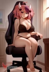 2d ahoge ai_generated bangs bare_legs bare_shoulders barefoot black_bra black_panties blush bra breasts cleavage erophoenix feet female female female_focus indoors ironmouse jewelry large_ass large_breasts lingerie long_hair nude pale_skinned_female panties patreon_username pink_hair pointy_ears purple_eyes purple_hair sitting smile sweating toes twintails uncensored underwear virtual_youtuber vshojo vtuber