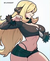 1girls ai_generated alternate_costume black_coat blonde_hair breasts cleavage coat cowboy_shot cynthia_(pokemon) denim female grey_background grey_hair hair_over_one_eye highres large_breasts long_hair nintendo pokemon pokemon_dppt shirt shorts simple_background solo twitter_username white_background ylvanne