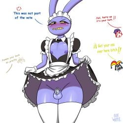 1boy anthro blue_waffle breasts_out bunny_boy bunny_ears chastity chastity_cage chastity_device clothed clothing crossdressing dialogue disgusted dress_lift english_dialogue english_text female femboy femboy_focus femboy_only femdom glitch_productions gloves humanoid jax_(tadc) jax_(the_amazing_digital_circus) long_socks maid maid_headdress maid_jax_(the_amazing_digital_circus) maid_outfit maid_uniform male nipples no_panties penis showing_off showing_penis stockings text the_amazing_digital_circus thick_legs thick_thighs thighhighs trap upskirt wide_hips