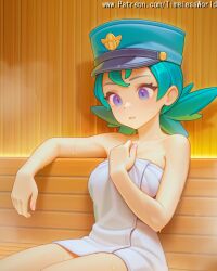 2025 ai_assisted ai_generated bangs blonde_hair blue blush breasts collarbone colored english eyelashes eyes female hair hat high_quality high_res high_resolution highres lips medium naked nintendo officer_jenny_(pokemon) parted patreon pokemon pokemon_(anime) red sauna sensitive short sitting skin solo stable_diffusion sweat text timelessworld towel twintails watermark wet