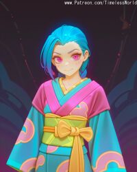 2025 ai_assisted ai_generated alternate arcane at bangs blonde_hair braid closed clothes colored costume english eyes female general hair high_quality high_res high_resolution highres japanese jinx_(arcane) jinx_(league_of_legends) kimono league_of_legends long looking mouth obi patreon pink sash shiny skin sleeves smile solo stable_diffusion text timelessworld viewer watermark