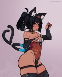:d absurdres animal_ear_fluff animal_ears armpit_crease bare_shoulders bell black_bridal_gauntlets black_choker black_hair black_leotard black_tail black_thighhighs blush breasts bridal_gauntlets cable cable_tail cat_ears cat_girl cat_tail choker commentary cowboy_shot female forehead_tattoo from_side grey_background groin hairband hand_up highleg highleg_leotard highres leotard looking_at_viewer mechanical_tail multicolored_leotard multiple_tails multiple_thigh_straps neck_bell nekomiya_mana oerba_yun_fang open_mouth paw_pose ponytail red_eyes red_hairband red_leotard saltdrawyou short_hair simple_background skindentation small_breasts smile solo strapless strapless_leotard sweat tail thigh_strap thighhighs two_tails white_leotard zenless_zone_zero