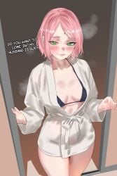 1girls absurdres black_bra blush boruto:_naruto_next_generations bra breasts breath cheating cheating_(relationship) cheating_wife commentary cowboy_shot cuckold english_commentary english_text facial_mark female forehead_mark green_eyes highres inviting_to_sex kanoji_(ni_kanojo) looking_at_viewer milf naruto naruto_(series) netorare ntr open_door pink_hair pov sakura_haruno sakura_haruno short_hair small_breasts solo towel underwear