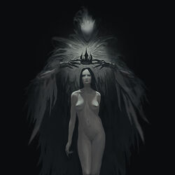 ambiguous_gender black_background black_hair breasts claws cloak clothing crown crowning duo faceless featureless_crotch female front_view ghost glowing greyscale hair hi_res holding_object human humanoid inverted_pentacle mammal monochrome navel nipples nude simple_background spirit standing stargrave tattoo