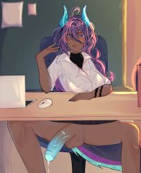 big_balls big_penis bottomless breasts button_down_shirt dark-skinned_female dark-skinned_futa dark_skin desk dickgirl dripping dripping_precum futanari glowing_genitalia glowing_penis horns laptop no_panties penis tattoo teacher thick_thighs under_the_table upskirt