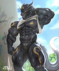 5:6 abs absurd_res anthro artist_logo artist_name bara black_body black_fur black_hair black_horn bottomless clothed clothing cloud day dipstick_horn dragon ear_piercing ear_ring fangs front_view fur green_eyes grin hair hi_res horn horn_jewelry horn_ring jewelry johnthelewd_art logo male male_anthro markings multicolored_eyes multicolored_horn muscular muscular_anthro muscular_male mythological_creature mythological_scalie mythology outside pecs piercing portrait pupils red_pupils ring_(jewelry) ring_piercing scalie sky smile solo standing teeth text three-quarter_portrait topwear topwear_lift two_tone_eyes white_clothing white_topwear yaoi yellow_eyes yellow_horn yellow_markings