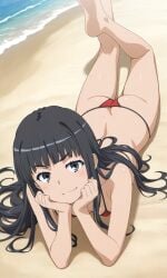 1girls artist_request ass barefoot beach bikini black_eyes black_hair breasts butt_crack cleavage confident feet female female_only highres himegami_aisa legs long_hair looking_at_viewer lying medium_breasts ocean official_style on_stomach pose posing red_bikini sensual sexy smile smug solo swimsuit the_pose thighs to_aru_majutsu_no_index very_long_hair water