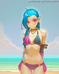 (league 2025 ahoge ai_assisted ai_generated arcane arm arms at back bangs bare behind bikini blonde_hair blush braid braids breasts closed collarbone colored cowboy english eyes female hair high_quality high_res high_resolution highres jewelry jinx jinx_(arcane) jinx_(league_of_legends) league_of_legends legends) long looking mouth navel necklace of outdoors patreon pink purple sensitive shiny shot shoulders skin small solo stable_diffusion striped swimsuit tattoo text timelessworld twin twintails viewer water watermark