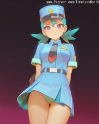 2025 ai_assisted ai_generated arms at back behind belt black blue blush breast breasts cap closed colored cowboy dress eyes female green hair hat headwear high_quality high_res high_resolution highres looking medium mouth necktie nintendo officer_jenny_(pokemon) panties patreon peaked pocket pokemon pokemon_(anime) red sensitive shirt short shot skin skirt sleeves solo stable_diffusion thighs timelessworld twintails underwear viewer watermark yellow
