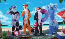 ailurid anthro balls beach black_body black_fur black_hair blue_balls blue_body blue_eyes blue_fur brown_eyes canid canine closed_smile day erection floppy_ears front_view fur genitals grey_balls grey_body grey_fur group hair head_tuft hi_res humanoid_genitalia humanoid_penis looking_at_viewer male male_anthro mammal mouth_closed narrowed_eyes nude open_mouth open_smile orange_body orange_fur outside pache_riggs penis pink_penis pool_toy pose purple_eyes purple_hair purple_penis red_body red_fur red_hair red_panda shadow smile standing tuft white_balls white_body white_fur