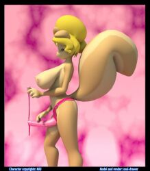 3d animal_ears black_border blonde_hair border breasts female furry large_breasts letterboxed lips nipples pillarboxed raccoon_ears raccoon_tail shizue_(doubutsu_no_mori) solo subtitled tail topless windowboxed zoom_layer