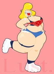 1girls 2025 2d_(artwork) bandana bikini bikini_top black_bikini_top blonde_hair_female booty_shorts bracelet chubby_female closed_eyes collar digital_media_(artwork) earrings female_only leg_band light-skinned_female long_hair_female lust_(xtremersadiq) original_character red_bandana shorts sneakers solo_female teeth tongue_out tongue_piercing xtremersadiq