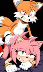2_tails 5_fingers ai_generated alternate_universe amy_rose bedroom blush cum cum_inside dark_background doggy_style drool drooling fox fox_tail furry gloves green_eyes hedgehog_girl indoors mashed miles_prower naked nude on_bed orange_fur pink_fur pixai pleasure_face purple_eyes red_boots red_hairband red_shoes sex sonic_(series) sonic_the_hedgehog_(series) tails tails_the_fox wrist_rings yellow_teeth