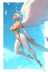 angel angel_girl angel_wings flying halo medium_breasts short_hair sky topless ullr2 white_hair wings