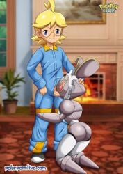 1boy ass bbmbbf blonde_hair blue_eyes citron_(pokemon) clemont clothed_male clothed_male_nude_female clothed_sex fellatio female female_pokemon hand_on_head kneeling magearna male_human male_human/female_pokemon nintendo nude nude_female palcomix pokemon pokepornlive red_eyes
