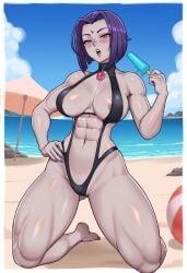 2d abs areolae athletic beach beachball big_breasts big_thighs breasts cheekie0 dc dc_comics feet female female_only grey_skin huge_thighs justice_league legs light_skin looking_at_viewer massive_thighs muscular popsicle purple_eyes purple_hair pussy_visible_through_clothes raven_(dc) solo swimsuit teen_titans thick_thighs thighs third-party_edit
