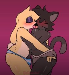 anthro ass back_grab blush blush_lines bodily_fluids bulge butt_grab cat_tail clothing domestic_cat drcreamsoul drooling eyeshadow felid feline felis french_kissing grope hand_on_butt kissing lagomorph leporid makeup male male/male mammal nash_(drcreamsoul) pattern_clothing pattern_underwear purple_eyeshadow rabbit riley_(drcreamsoul) saliva saliva_string scut_tail shaking short_tail simple_background stained_underwear striped_clothing striped_underwear stripes sweat sweatdrop tail tan_body tongue tongue_out trembling underwear yellow_body