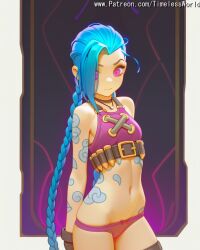 (league 2025 ai_assisted ai_generated arcane arm arms asymmetrical at back background bangs bare behind belt black blonde_hair blue braid braids breasts bullet closed collarbone colored cowboy crop english eyes female fingerless gloves gradient hair high_quality high_res high_resolution highres jewelry jinx jinx_(arcane) jinx_(league_of_legends) league_of_legends legends) long looking mouth navel necklace of panties patreon pink purple sensitive shot shoulders skin small smile solo stable_diffusion standing stomach tattoo text thighhighs timelessworld top twin underwear very viewer watermark