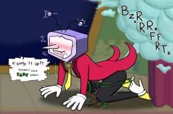 1boy all_fours blush deltarune dialogue drooling embarrassed fart fart_cloud fart_fetish farting glitching humiliation male_only oerba_yun_fang onomatopoeia robot shaking sooshinoko suit suit_and_tie tenna_(deltarune) tv_head wire wireplay wires