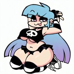1girl :3 ai_generated alternate_costume bangs black_crop_top black_skirt blue_hair busty clothed converse converse_shoes crop_top curvy earrings eyelashes eyeshadow female fingerless_gloves friday_night_funkin friday_night_funkin_mod goth goth_girl gradient_hair heart-shaped_pupils kneeling long_hair miniskirt pixai purple_eyes simple_background skull_earrings skyblue skyblue_(friday_night_funkin) smug solo stretching striped_gloves striped_thighhighs thick_thighs underboob white_background