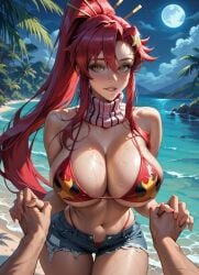 ai_generated beach bikini_top biting_lip booty_shorts holding_hands large_breasts looking_at_viewer moon night ponytail red_hair sweat tagme thong wet yoko_littner