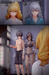 1boy 3d :3 absurdres actualekusu adjutant_(snowbreak) after_sex bare_shoulders black_hair blonde_hair blush breasts brown_hair cleavage commentary cum cum_on_body cum_on_breasts dark-skinned_female dark_skin drill_hair english_commentary female fenny_golden green_eyes grey_hair hair_between_eyes highres implied_after_sex large_breasts long_hair lyfe_bestla male multiple_girls nita_(snowbreak) orange_eyes snowbreak:_containment_zone solo straight sunglasses thighs topless_male yellow_eyes