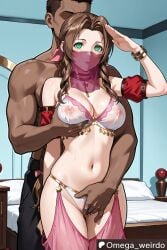 1boy 1girls aerith_gainsborough ai_generated bed bedroom big_breasts braid braided_hair breasts brown_hair choker corrupted corruption dancer dancer_outfit dark_skin dark_skinned_male dominant_male emotionless enslaved faceless_male female final_fantasy final_fantasy_vii final_fantasy_vii_remake fingering fingering_partner fingering_pussy from_behind grabbing grabbing_breasts grabbing_from_behind green_eyes harem_outfit height_difference hypnosis indoors long_hair looking_at_viewer male mouth_veil muscular muscular_male omega_weirdo patreon pussy salute slave slavegirl
