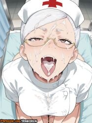 1girls 2025 after_fellatio ai_assisted ai_generated anime anime_girl anime_style artist_name ayase_seiko blush breasts brown_eyes cum cum_in_mouth cum_on_clothes cum_on_hair cum_on_tongue dandadan facial female glasses half-closed_eyes hat hi_res high_quality high_res high_resolution highres looking_at_viewer looking_up nurse nurse_cap open_mouth patreon patreon_username rinkoai seiza sitting solo tongue tongue_out uncensored watermark white_hair