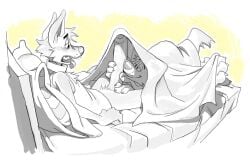 anthro bed big_feet big_penis bottomless bottomless_male canid canine canis claws clothed clothing domestic_dog duo fangs feet fellatio finger_claws foreskin furniture genitals huge_cock licking long_penis looking_at_another male male/male mammal narrowed_eyes on_bed oral penile penis penis_lick pillow pointy_ears sex shirt slim slim_male tank_top teeth toe_claws tongue tongue_out topwear under_covers vexyvoo wolf