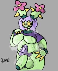 anthro balls bodily_fluids body_hair bottomless bottomless_futa bottomless_intersex breasts cactus cactus_creature claws clothed clothing elemental_creature featureless_breasts finger_claws flora_fauna forked_tongue futanari generation_5_pokemon genitals hair hand_on_hip happy_trail intersex ishitmypants maractus musk musk_clouds nintendo penis petals plant pokemon pokemon_(species) presenting_body pubes purple_hair saggy_balls solo spikes sweat sweaty_body sweaty_genitalia sweaty_penis tongue tongue_out undressing