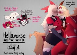 1futa angel_dust_(hazbin_hotel) bulge bulge_through_clothing caelsin charlie_morningstar_(hazbin_hotel) clothed clothed_sex couch_sex demon demon_futa female hazbin_hotel heavy_petting hellaverse husk_(hazbin_hotel) imminent_sex lesbian_kiss lesbian_sex niffty over_clothes precum precum_through_clothing public_indecency public_sex stiff_nipples vaggie_(hazbin_hotel) voyeurism yuri