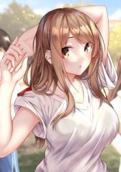 1girls arm_behind_head arm_up bare_arms blurry blurry_background bra_visible_through_clothes breasts brown_eyes brown_hair collarbone day harumachi_hashira highres large_breasts light_blush long_hair looking_at_viewer outdoors own_hands_together parted_bangs parted_lips sahara386 sex_and_dungeon shirt short_sleeves solo_focus stretching upper_body white_shirt