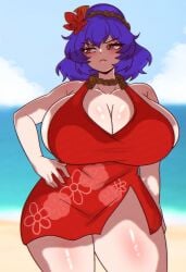 1girls beach big_breasts breasts cleavage clothed_female fat_thighs goddess huge_breasts kanako_yasaka light-skinned_female purple_hair red_dress red_eyes seireiart sky solo solo_female thick_thighs thighs touhou water