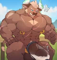 ! !! 1boy abs animal_ears bara blue_sky blush clenched_teeth cloud completely_nude cow_boy cow_ears cow_horns cow_tail cross_scar cum dallawan_(xxl) earrings ejaculation erection fence furry furry_male highres horns jaguk9481 jewelry male_focus milking_machine mixed-language_commentary multiple_scars muscular muscular_male navel nipple_piercing nipple_rings nipples nude pectorals penis_milking piercing scar scar_on_arm scar_on_chest scar_on_leg scar_on_shoulder single_earring sky tail teeth testicles wooden_fence xxl_woofia
