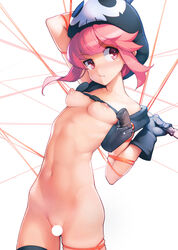 arm_up ataruman bad_censor black_gloves blush breasts censored collarbone covering covering_crotch eyebrows_visible_through_hair female gloves hat highres jakuzure_nonon kill_la_kill knife life_fiber looking_at_viewer navel nipples nudist_beach_uniform pink_eyes pink_hair pussy simple_background small_breasts solo standing string white_background