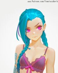 (league 2025 ai_assisted ai_generated arcane arm artist background bangs bare blonde_hair blue blush body bow bra braid braids breasts closed collarbone colored eyes female grey hair high_quality high_res high_resolution highres jinx jinx_(arcane) jinx_(league_of_legends) league_of_legends legends) long mouth name of patreon pink purple sensitive shiny shoulders simple skin small solo stable_diffusion tattoo timelessworld twin underwear upper watermark white