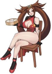 1girls alternate_breast_size arc_system_works arm_at_side asymmetrical_gloves bare_hips bare_legs black_dress black_gloves black_socks blush breasts brown_eyes brown_hair chair china_dress chinese_clothes cleavage cleavage_cutout clothing_cutout crossed_legs donburi_(donburikazoku) dress elbow_gloves eyebrows eyelashes eyeshadow female female_focus fingerless_gloves food full_body gloves guilty_gear guilty_gear_xrd half-closed_eyes hand_up high_heels highres holding holding_plate huge_breasts impossible_hair kuradoberi_jam long_hair looking_afar looking_to_the_side makeup matching_hair/eyes multicolored_dress naughty_face on_chair open_mouth plate red_dress red_eyeshadow red_footwear simple_background single_bare_shoulder sitting smile socks solo teeth thick_thighs thighs upper_teeth_only white_background wide_hips yellow_dress